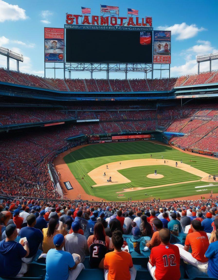 A heartwarming scene of a diverse group of baseball fans enthusiastically cheering in a stadium, some holding signs supporting their favorite players, while families share snacks and laughter in the foreground. The background features a sunny sky with baseballs flying through the air, symbolizing the excitement of the game. Emphasize the sense of community and passion for baseball. vibrant colors. super-realistic.