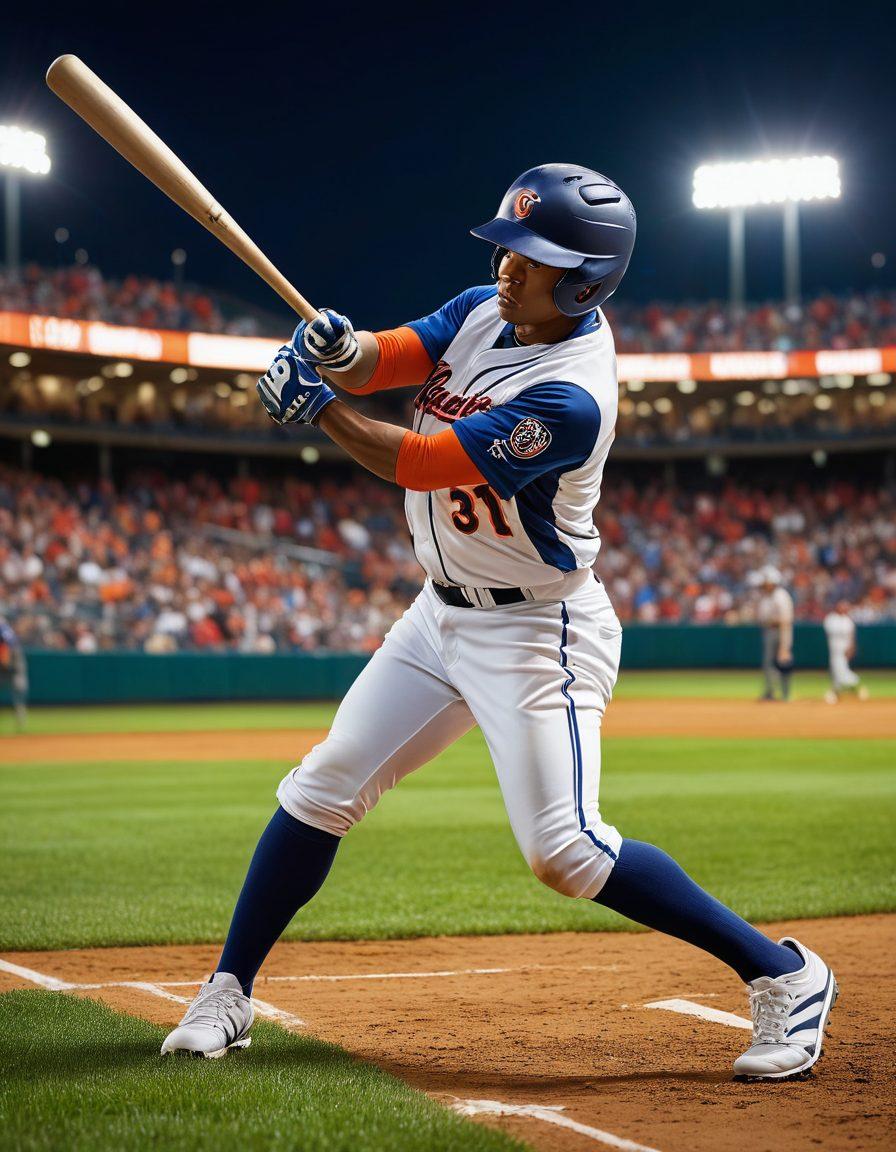 A dynamic scene showcasing an athlete swinging a bat at a baseball field, surrounded by various protective gear like helmets and pads, emphasizing the theme of safety. The background features vibrant stadium lights and cheering fans, creating an energetic atmosphere. Visual elements like safety icons can be subtly integrated into the grass or signage around the field. super-realistic. vibrant colors. energetic composition.